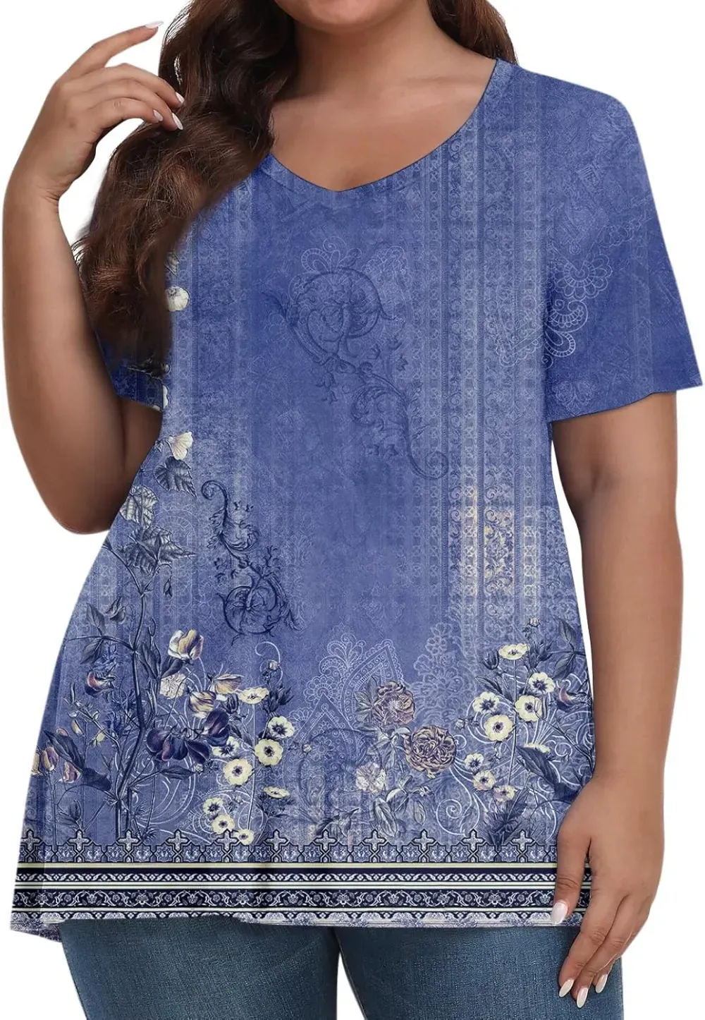 Plus Size Tops for Women Dressy Short Sleeve V Neck Shirts for Women Summer Tops for Women 2024 Floral Print Top