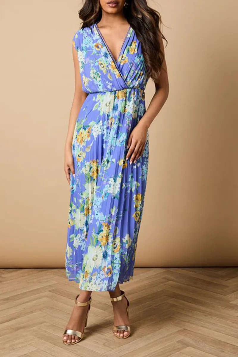 Blue Floral Pleated Wrap Dress