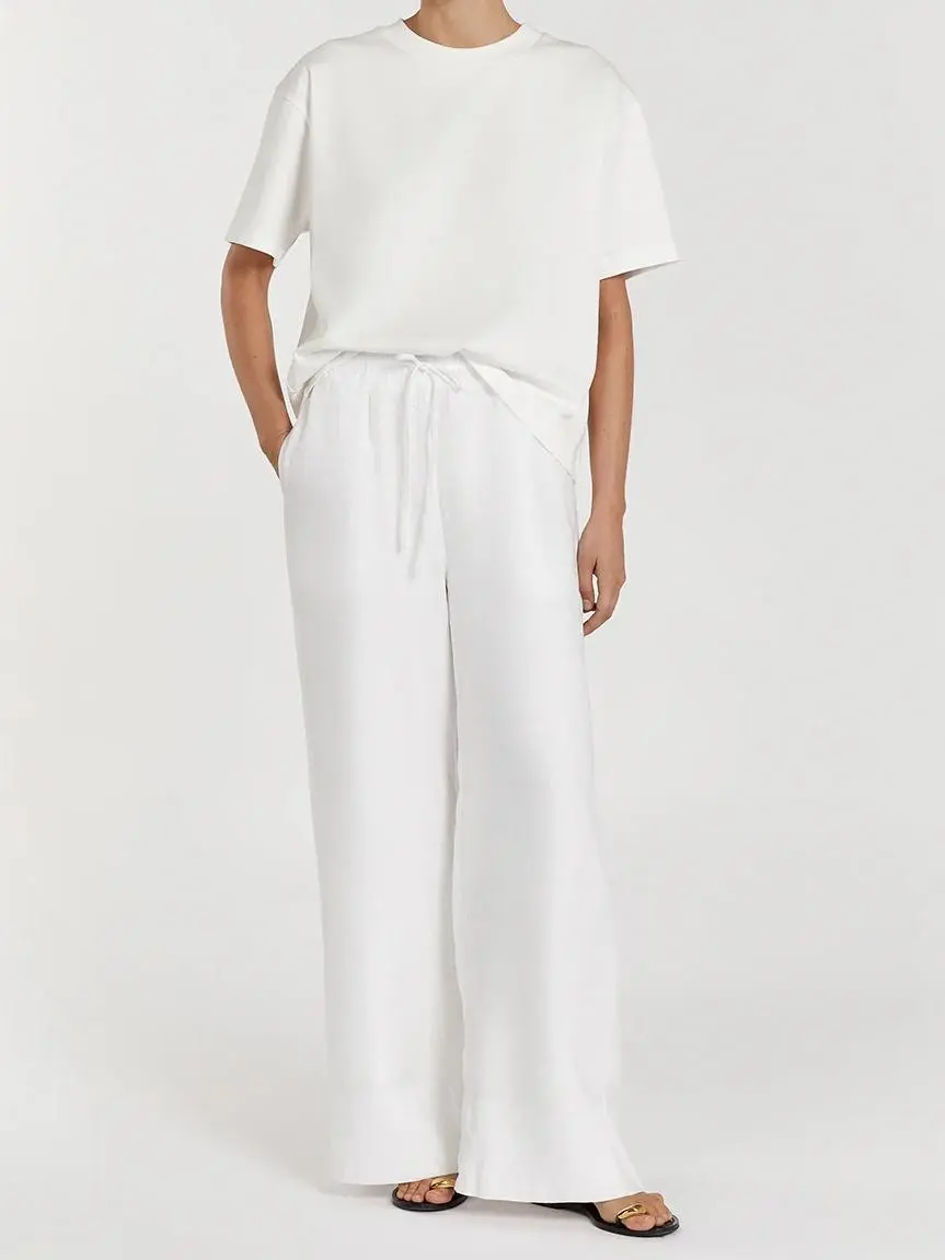 WHITE LINEN ELASTIC WAIST PANT