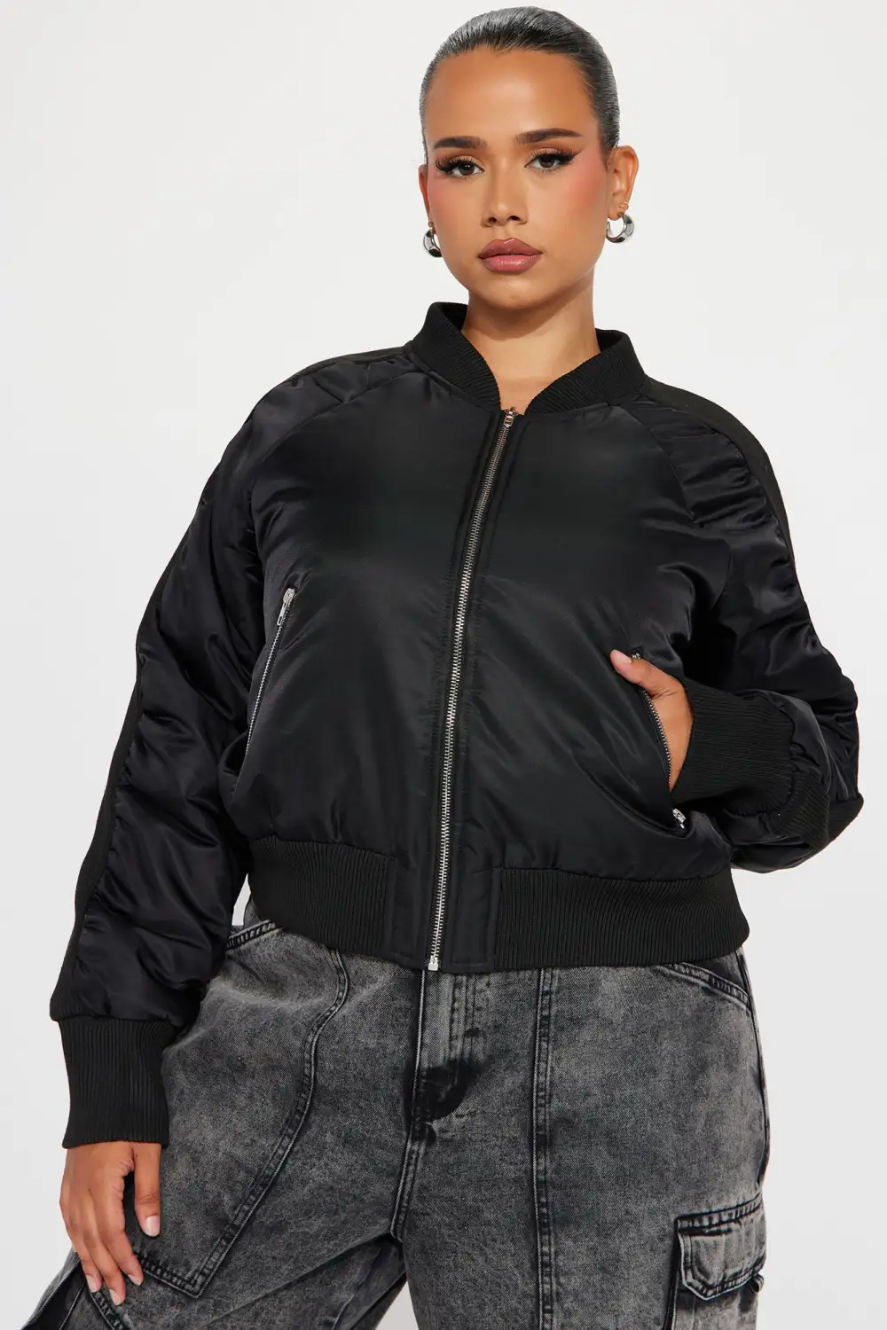 Isabella Ruched Bomber Jacket - Black