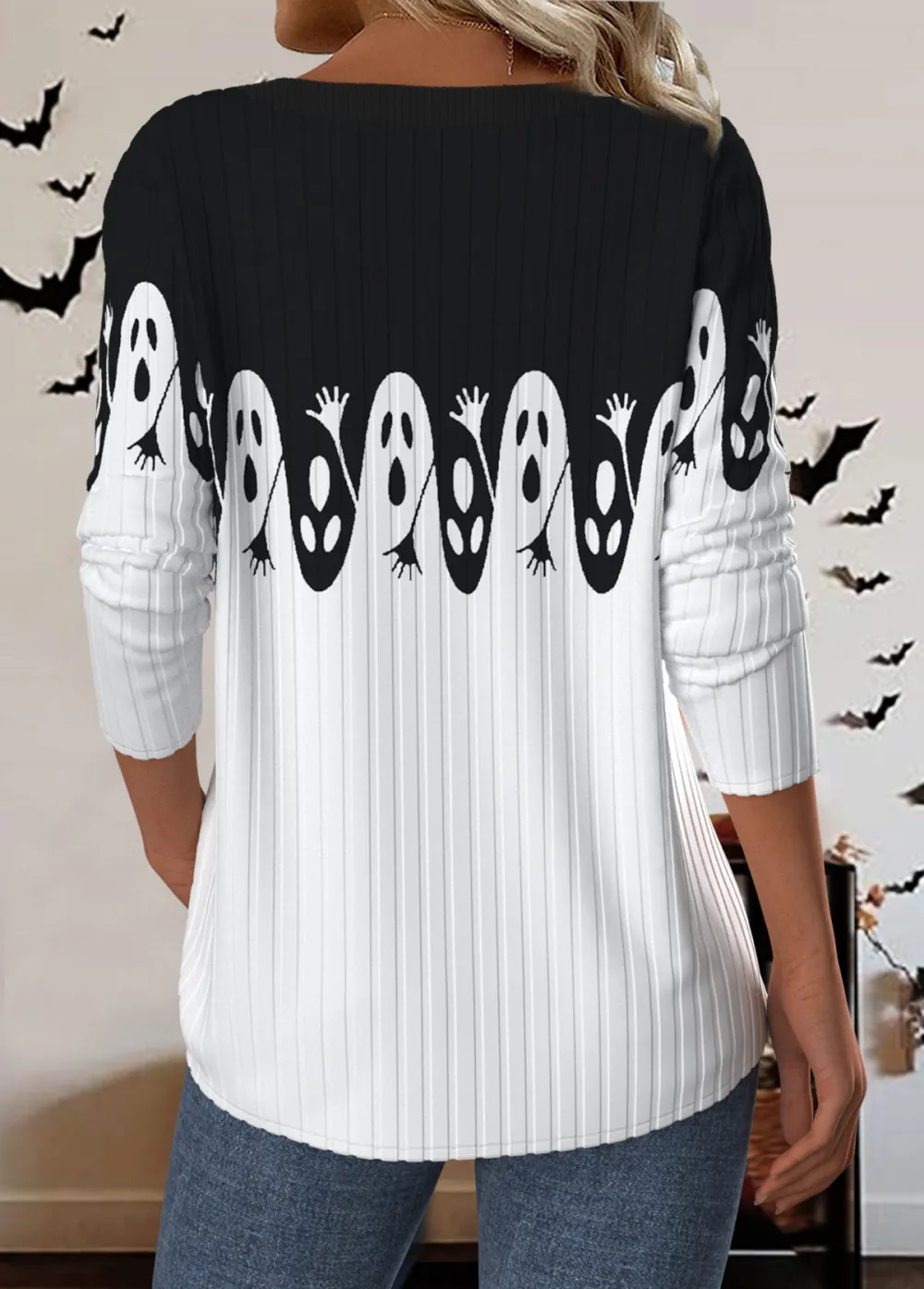 Halloween Black Button Long Sleeve Round Neck T Shirt