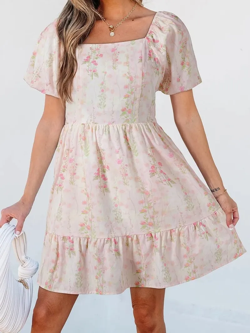 Cute Puff Sleeves Waist-Cinching Pink Dress