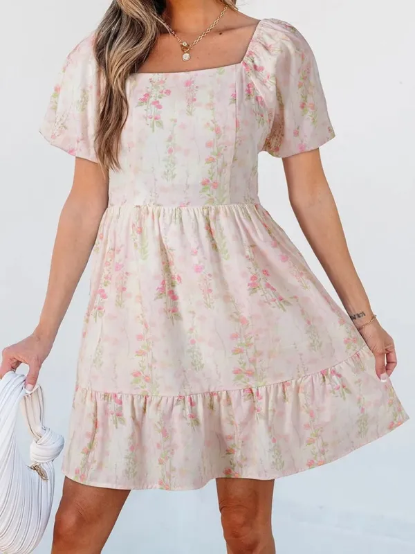 Cute Puff Sleeves Waist-Cinching Pink Dress