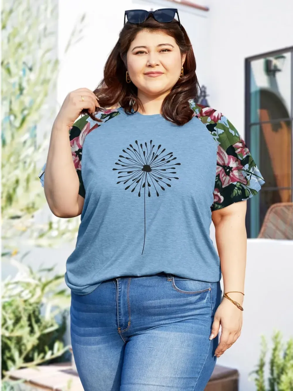 HDLTE Womens Plus Size Tops Floral Bell Sleeves Blouses Summer Crewneck Tunic Loose Casual T Shirts