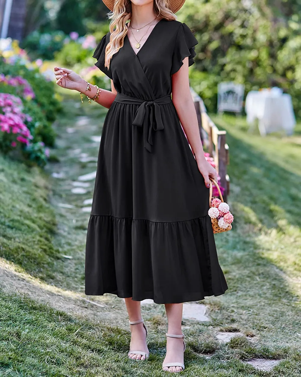 Women Summer Bohemian Floral Casual Wrap V Neck Ruffle Cap Sleeveless Belt A-Line Pleated Hem Swing Midi Sun Dress