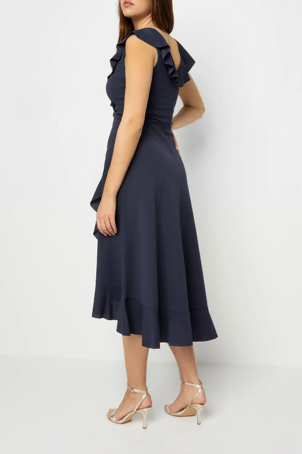 Navy Blue Frill Wrap Midi Dress