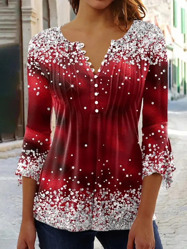 Women's Plus Size Shirt T shirt Tee Blouse Graphic Polka Dot Flower Denim Blue Grass Green Black Button Print Long Sleeve Casual Weekend Basic Round Neck Regular Fit Spring Fall