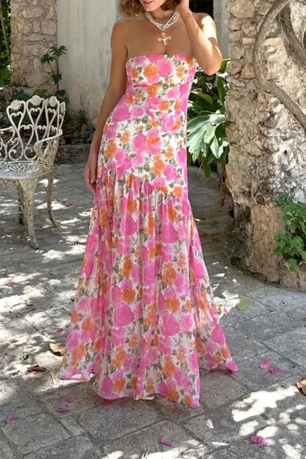 Strapless Drop Waist Pink Floral Maxi Dress