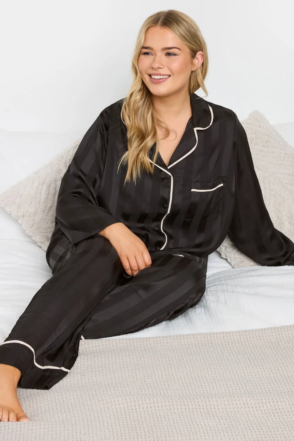YOURS Curve Black Stripe Satin Pyjama Set
