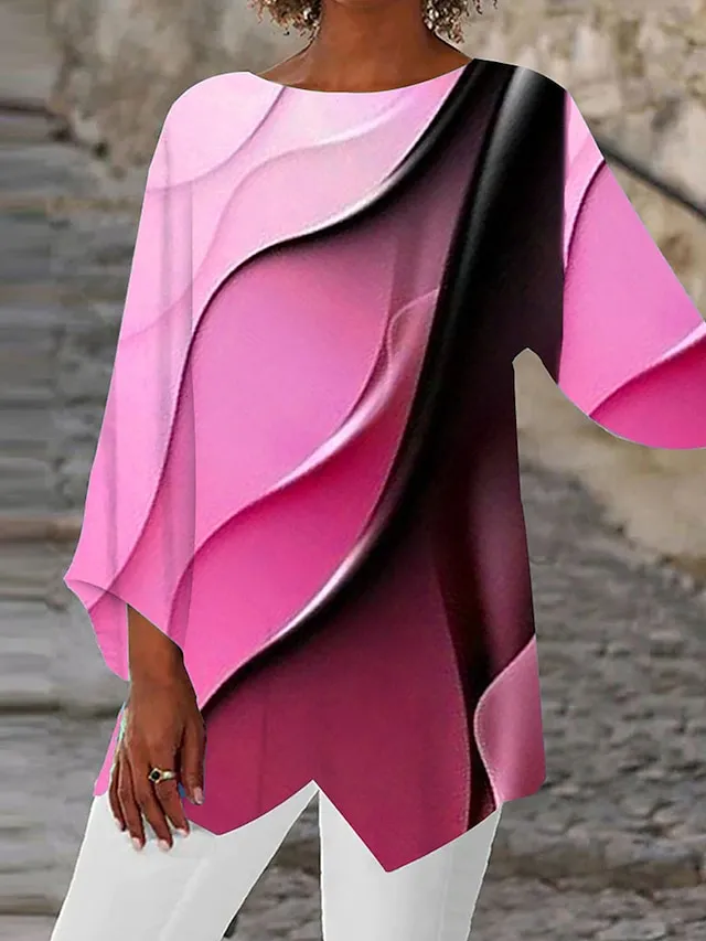 Women's Shirt Blouse Yellow Pink Purple Graphic Abstract Asymmetric Print Long Sleeve Casual Basic Neon & Bright Round Neck Regular Fit Spring Fall