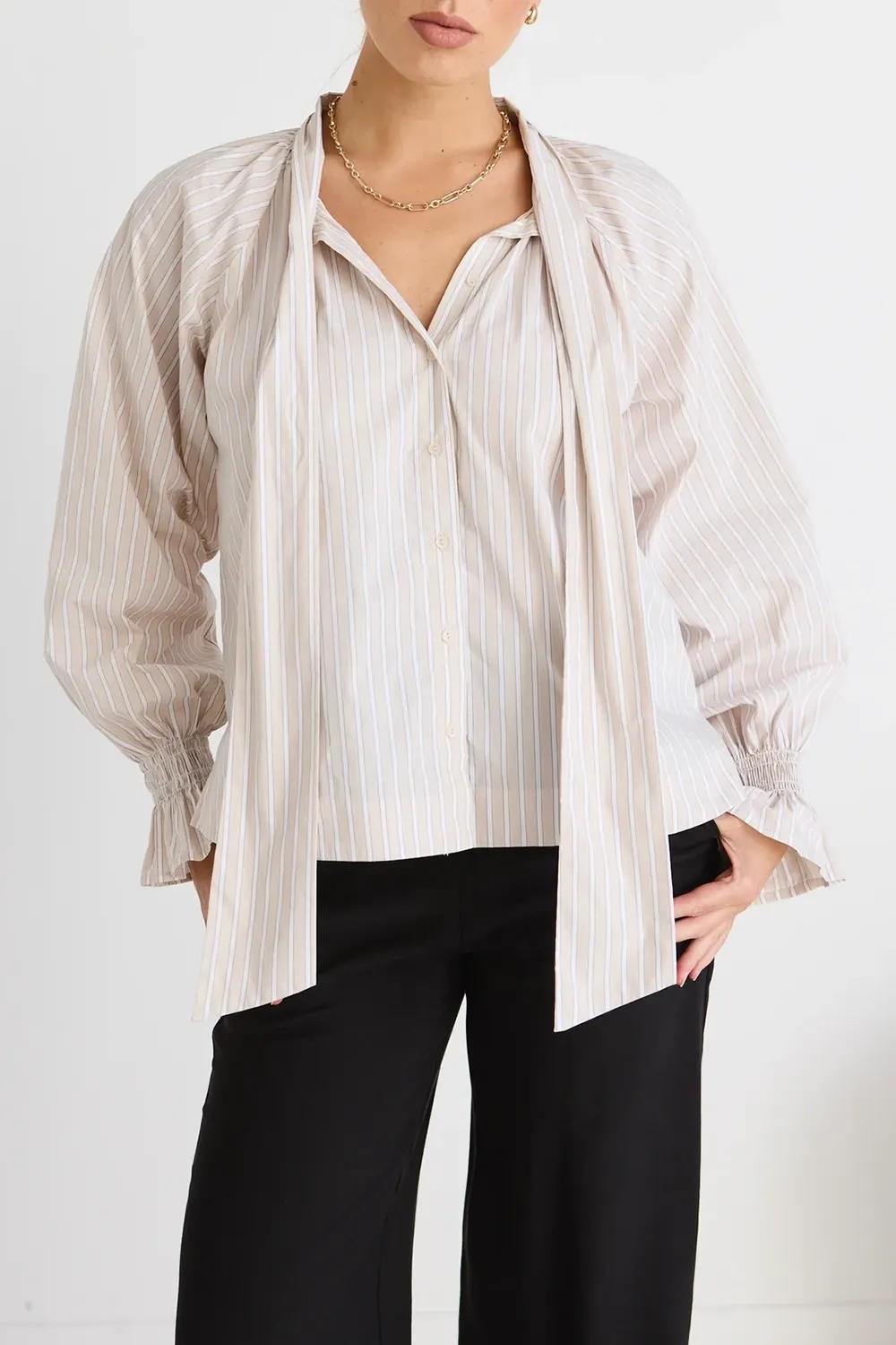 Ecru Stripe Tie Front Blouse