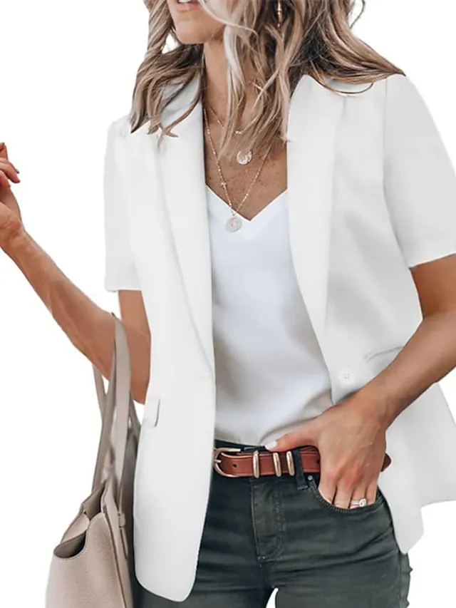 Women's Blazer Clean Fit Formal Office Work Summer Spring Regular Coat Regular Fit Breathable Simple Classic Style Modern Style Jacket Short Sleeves Solid Color Pure Color Slim Fit Black White Red