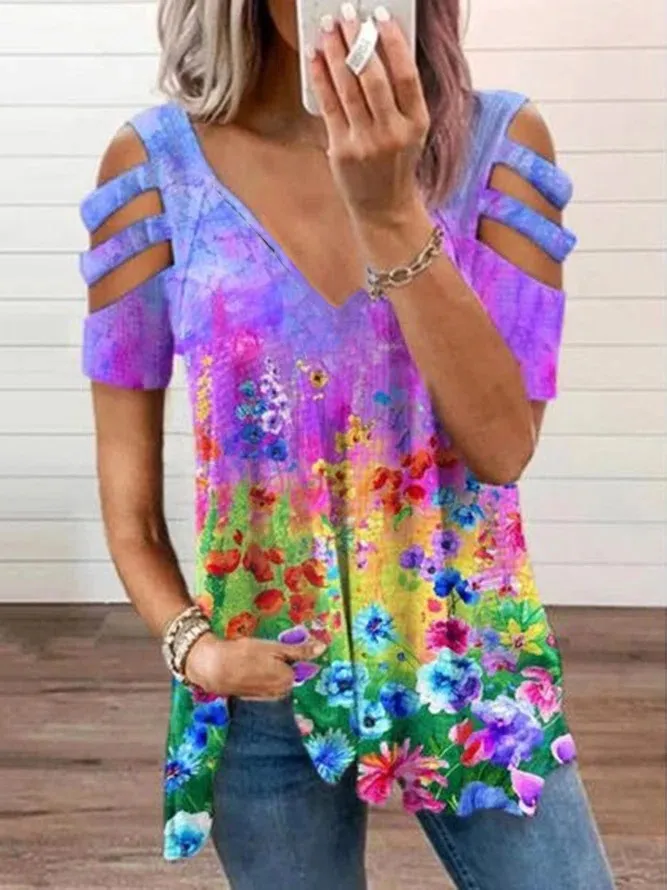 women's printed v-neck fashion casual short sleeves top