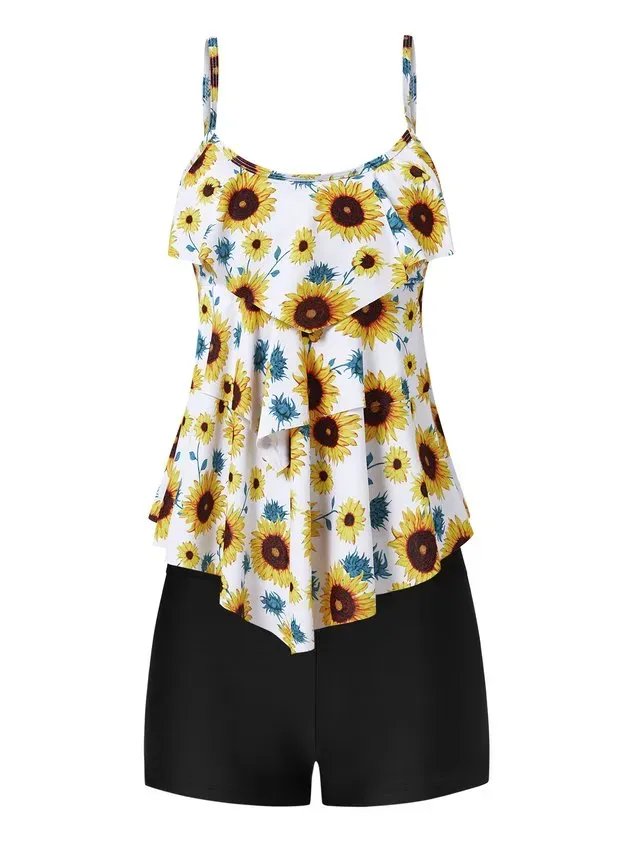 Vacation Floral Flouncing Scoop Neck Tankinis Two-Piece Set