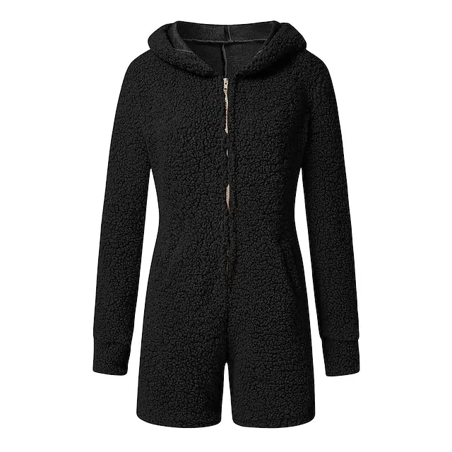 Women's Fleece Adult Onesies Bear Onesie Pajamas Pjs Pure Color Warm Simple Plush Party Home Fleece Hoodie Long Sleeve Fall Winter Skin powder Black