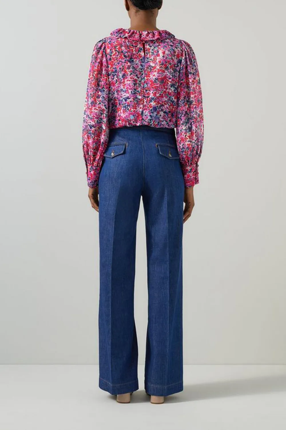 Pink Floral Print Ruffle Neck Long Sleeve Top