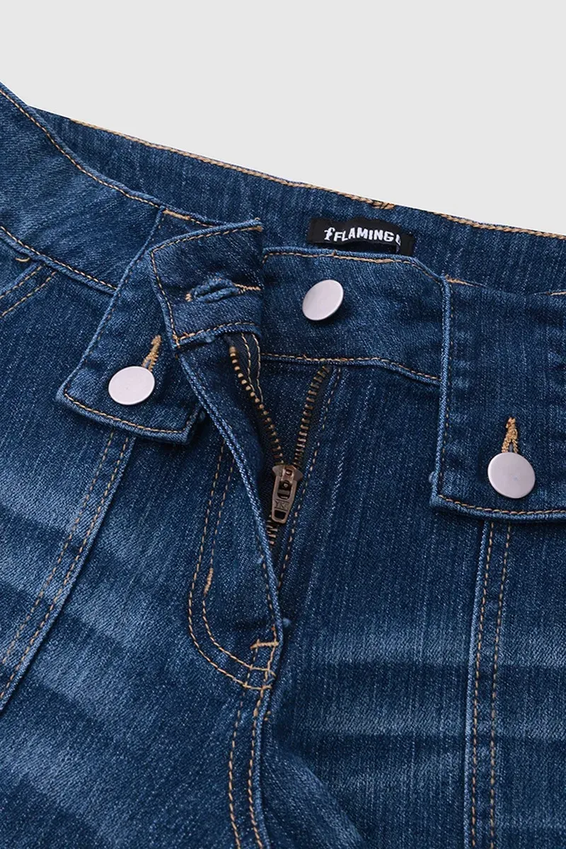 Flap Pocket Low Rise Flare Jeans Without Belt