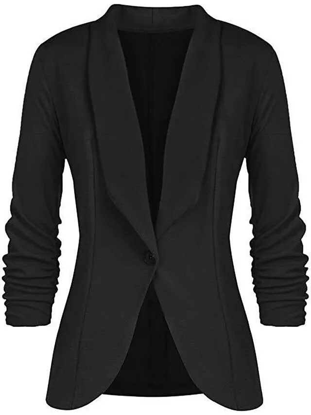 Women's Blazer Formal Office Jacket Open Front Button Plain Windproof Streetwear Pink Regular Fit Outerwear Long Sleeve Spring Navy S