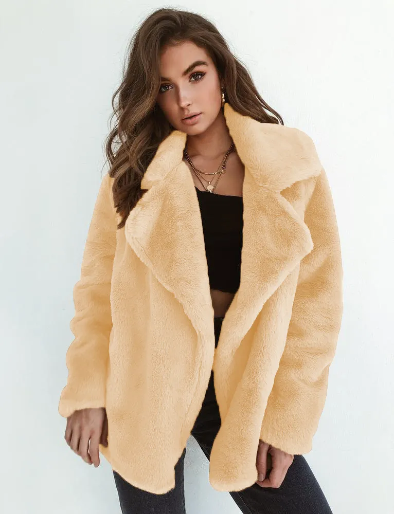 Cozy notched collar oversize fake fur coat