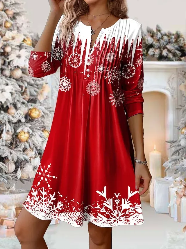 Women's Red Christmas Dress Winter Dress Snowflake Print Button Split Neck Mini Dress Fashion Basic Outdoor Christmas Long Sleeve Loose Fit Wine Navy Blue Blue Fall Winter S M L XL XXL