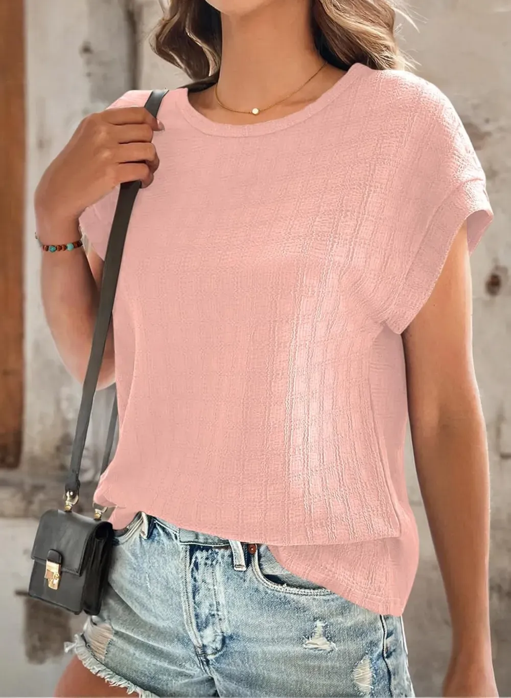 Dokotoo Tops for Women Trendy Summer Casual Cap Short Sleeve Basic Textured Solid Color Round Neck T Shirts Blouse