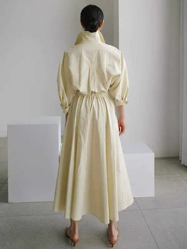 Original Solid Color Lapel Long Sleeves Midi Dress