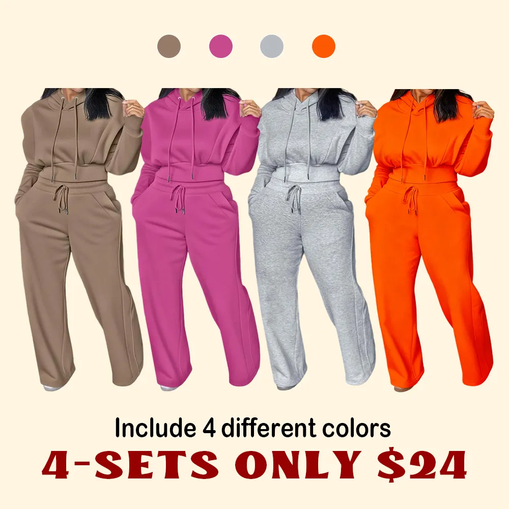 ⏰ LAST DAY PROMOTION | 16 SETS ONLY TODAY!Hooded Long Sleeve Sweatshirt and Casual Wide Leg Sweatpants Set