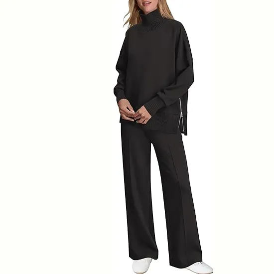 Women's 2-Piece Lounge Set 🧶 | Cozy Knit Turtleneck Top & Matching Pants Outfit