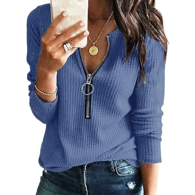 Blouse Women's Olive Green Denim Blue Black Solid / Plain Color Zip Up Daily Basic S