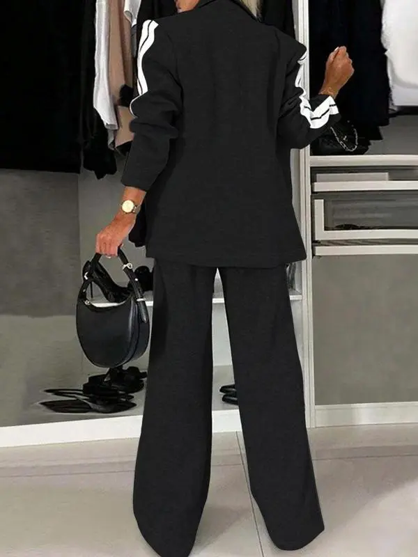 Women's Striped Print Blazer Jacket & Wide Leg Pants Set, Casual Fitted Suit for All Seasons, Stylish Ladies' Clothing Ensemble