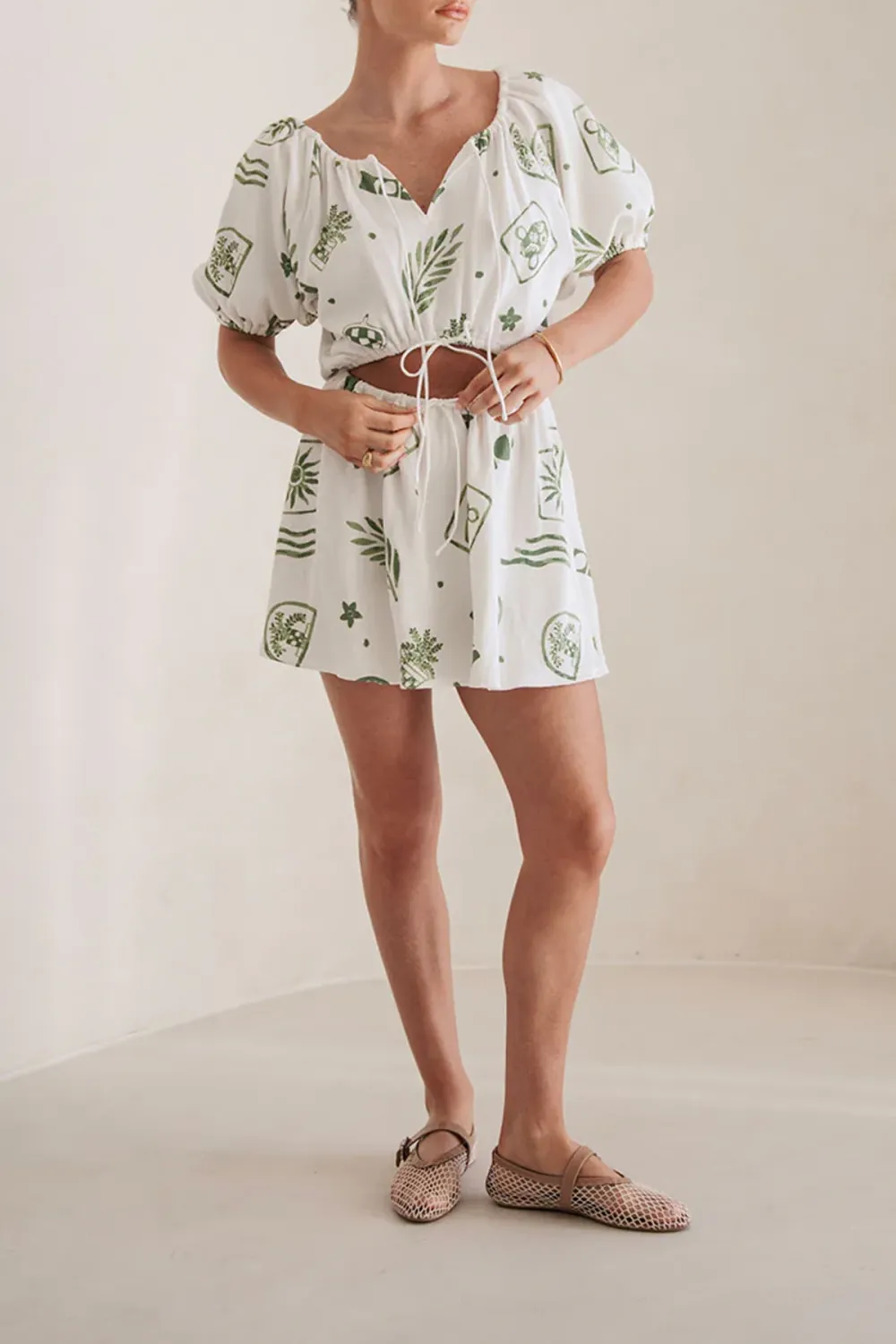Leaf Print Short Sleeve Tie Waist Mini Dress