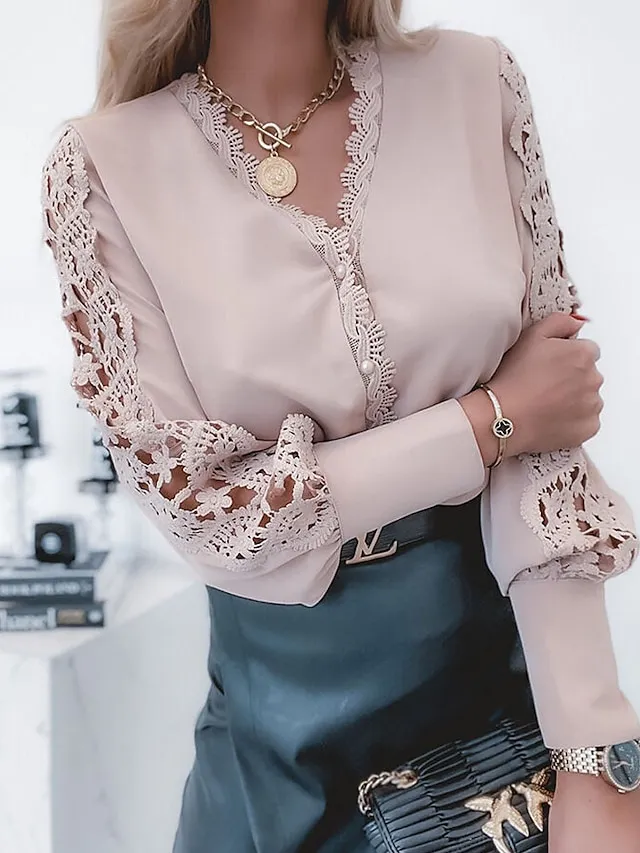 Women's Shirt Blouse White Eyelet Tops Black White Pink Plain Lace Cut Out Long Sleeve Work Daily Business Elegant Casual V Neck Regular S