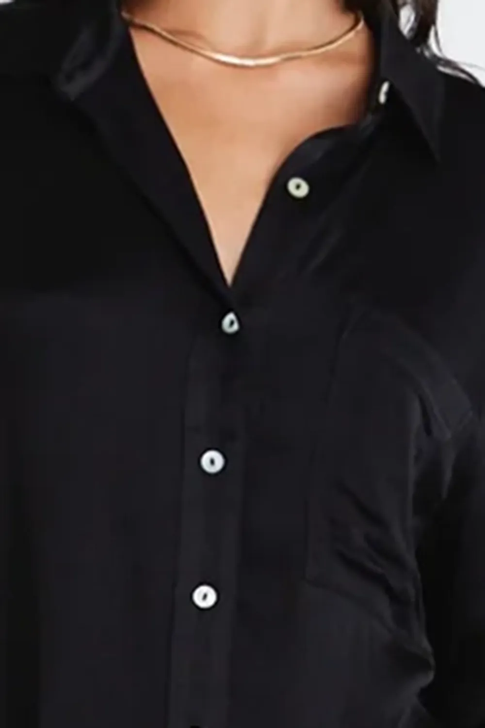 Black Satin Long - Sleeve Button - Up
