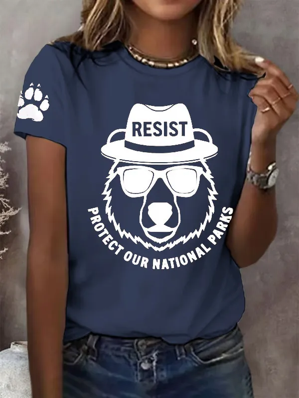 T-Shirt Women Protect Our National Parks Printed Crew-Neck T-Shirt Cotton Casual Short-Sleeved