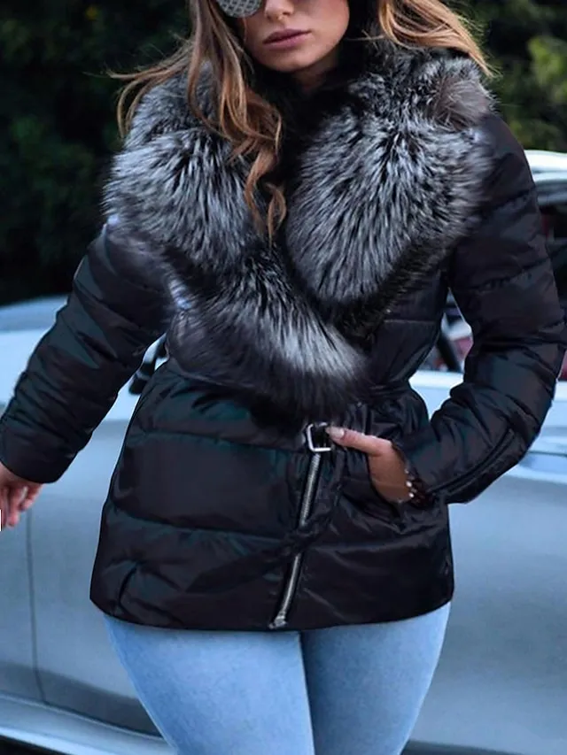 Women's Plus Size Down Fur Trim Pocket Pure Color Outdoor Causal Long Sleeve Turndown Regular Fall Winter Silver Black L XL XXL 3XL 4XL
