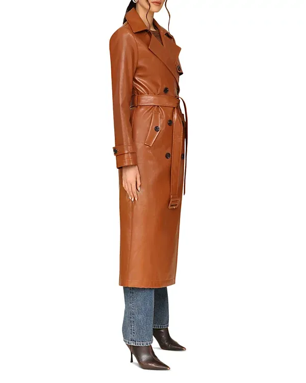 Caramel Color Faux Leather Trench Coat