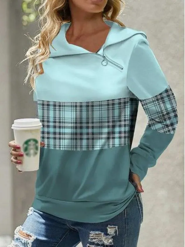 Casual Asymmetrical Collar Color Block Sweatshirt