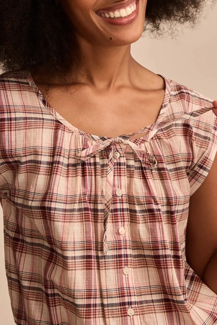 Red Plaid Sleeveless Buttondown Blouse