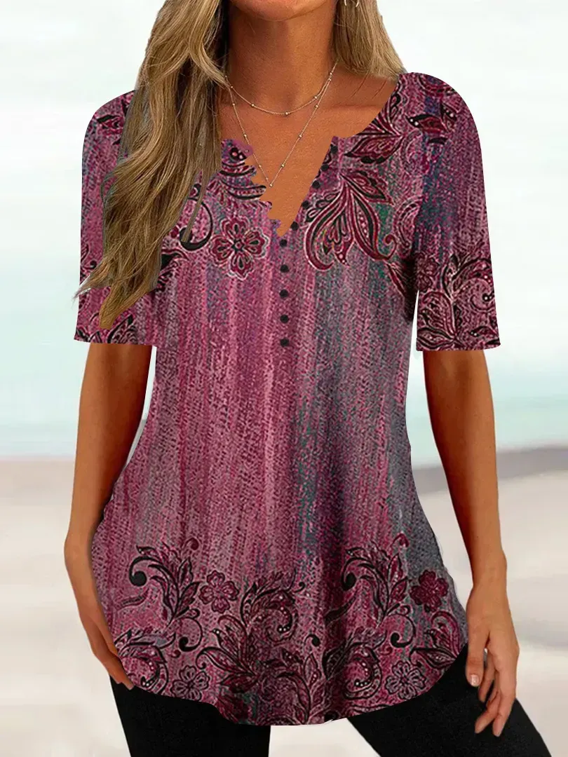 Women Half Sleeve V-neck Floral Printed Tops