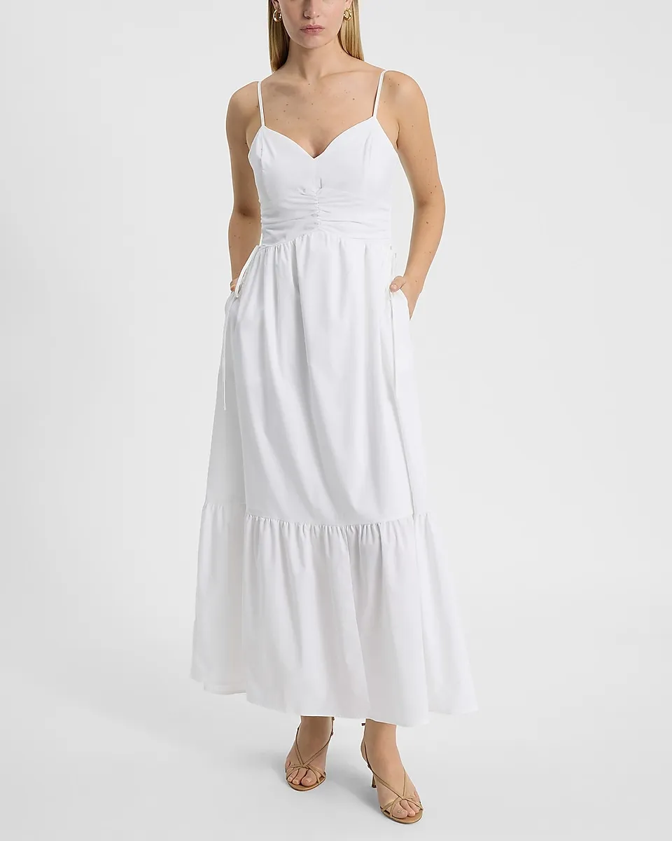 V-Neck Sleeveless Ruched Side Tie Midi Dress