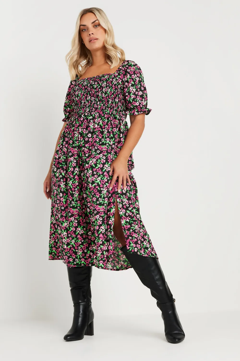 YOURS Curve Blue Floral Print Shirred Midaxi Dress