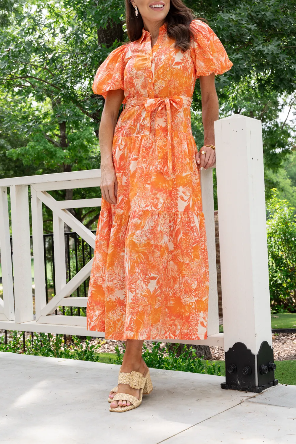 Orange Puff Sleeve Tie-Waist Midi Dress