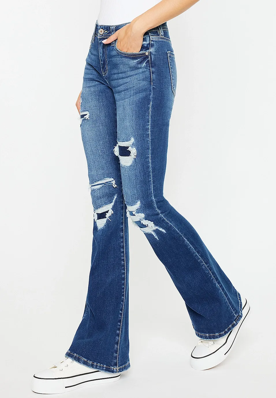 Casual Style Mid Rise Ripped Flare Jean