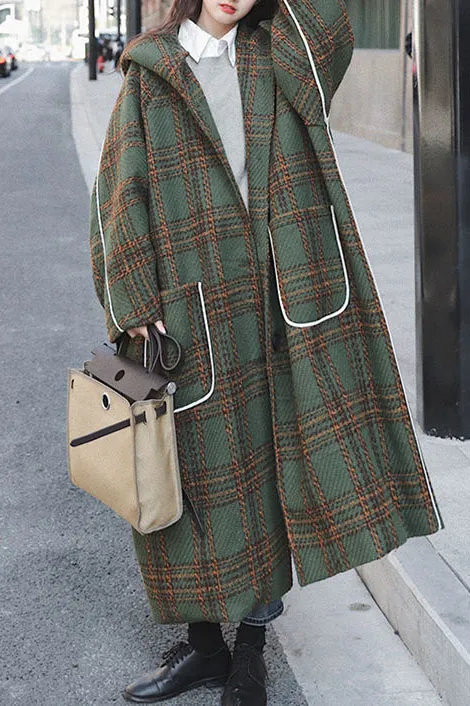 Vintange Plaid Front Pockets Long Hooded Coat