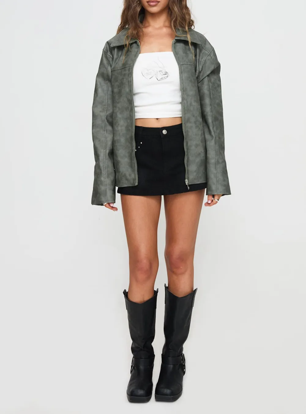 Grey Faux Leather Collared Jacket