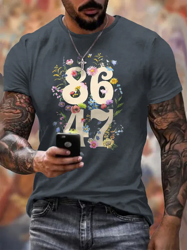 Men'S T-Shirt Men'S Vintage Flower 86 47 Printed T-Shirt Digital Flower Print Pure Cotton Short Sleeve
