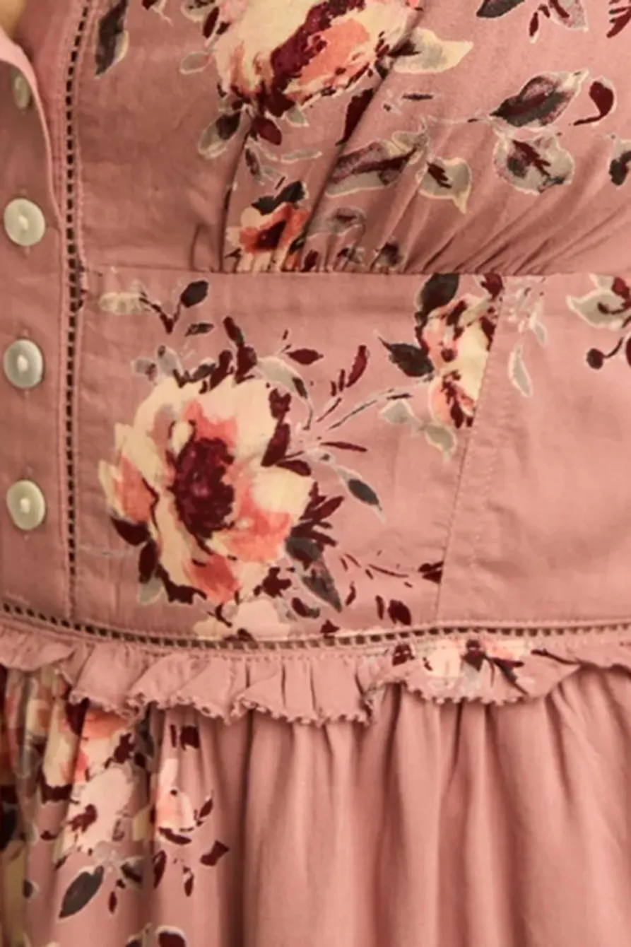 Pink Floral Tiered Ruffle Corset Midi Dress