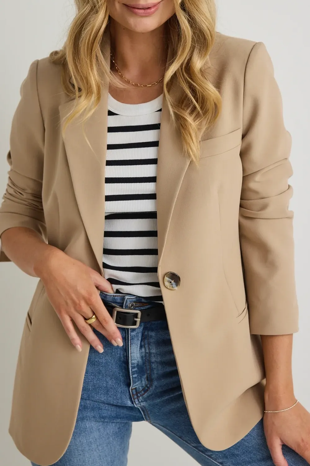 Beige Striped Top Layered Blazer