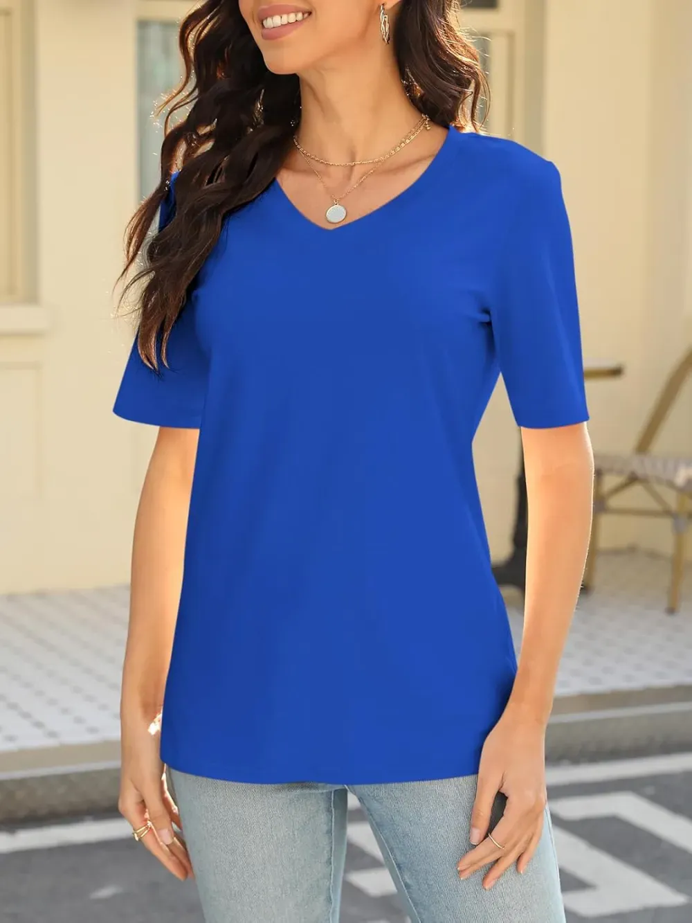 ORANDESIGNE Women's Color Block Short Sleeve T Shirts Casual V Neck Summer Tops Tees Loose Fit Blouses