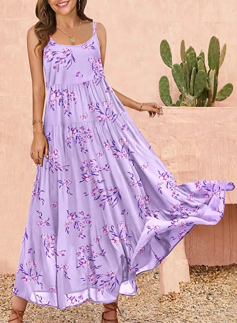 Summer Dresses for Women Casual Loose Bohemian Floral Dress with Pockets Spaghetti Strap Maxi Dress E75